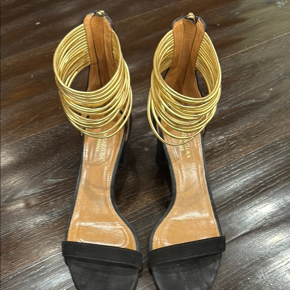 Aquazurra Black Suede Sandals with Gold Ankle straps